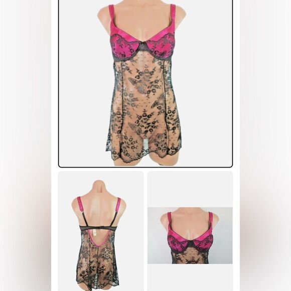 Sexy Sheer Black Lace & Hot Pink Lingerie Babydoll 36C New Without Tags - Picture 12 of 17